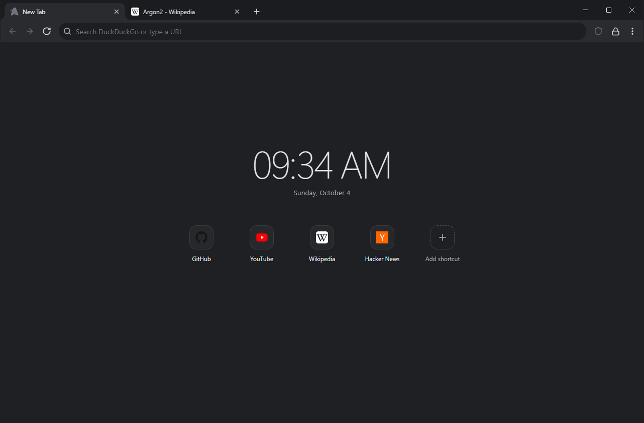 Aqua on Windows with the New Tab page open: two tabs, the address bar reading Search DuckDuckGo or type a URL, the blocker shield and lock buttons, a clock and shortcut tiles for GitHub, YouTube, Wikipedia and Hacker News.